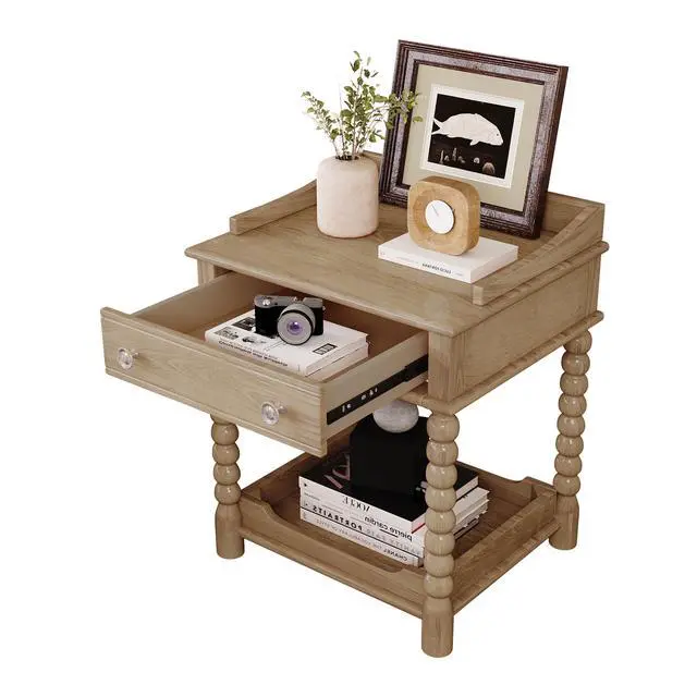 Alt view image 6 of 7 - Retro Style Nightstand With Drawer And Open Shelf For Bedroom, Bedside Table With Turned Legs And Metal Handle,Natural