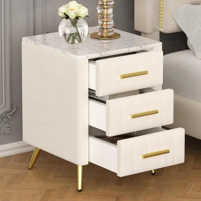 Main image of Upholstered Wooden Nightstand With 3 Drawers And Metal Legs&Handles, Bedside Table With Marbling Stickers Worktop - Beige