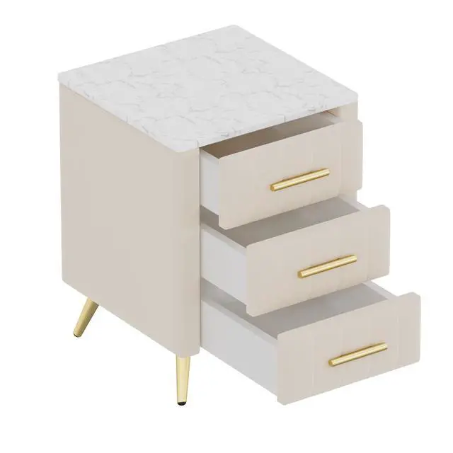 Alt view image 4 of 7 - Upholstered Wooden Nightstand With 3 Drawers And Metal Legs&Handles, Bedside Table With Marbling Stickers Worktop - Beige