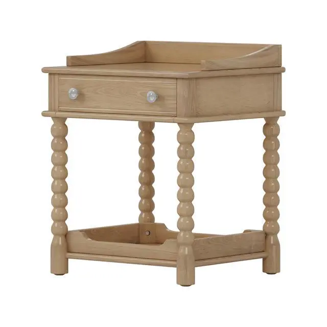 Alt view image 7 of 7 - Retro Style Nightstand With Drawer And Open Shelf For Bedroom, Bedside Table With Turned Legs And Metal Handle,Natural