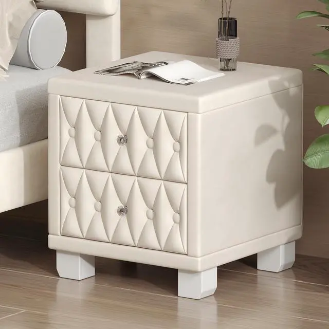 Main image of Elegant Velvet Nightstand With 2 Drawers And Crystal Handle, Storage Bedside Table With Button-Tufted, Beige
