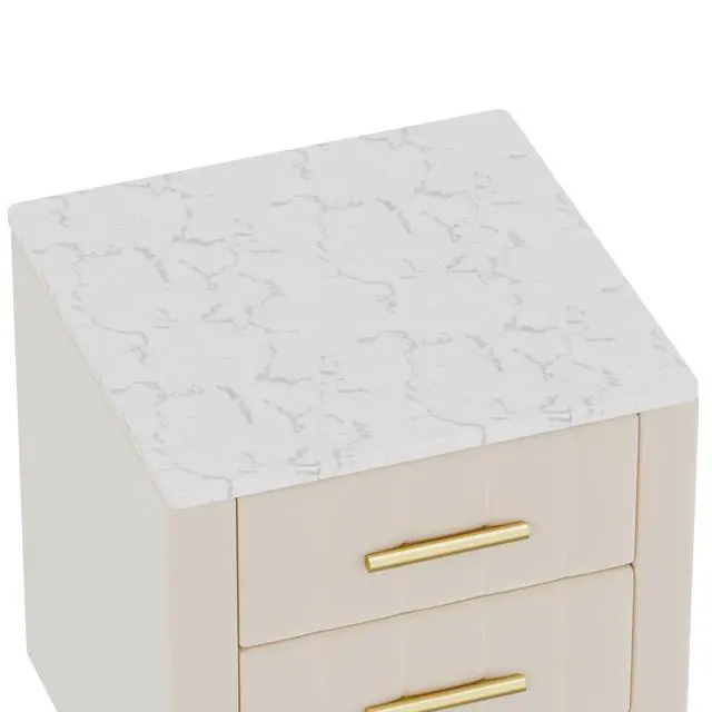 Alt view image 7 of 7 - Upholstered Wooden Nightstand With 3 Drawers And Metal Legs&Handles, Bedside Table With Marbling Stickers Worktop - Beige