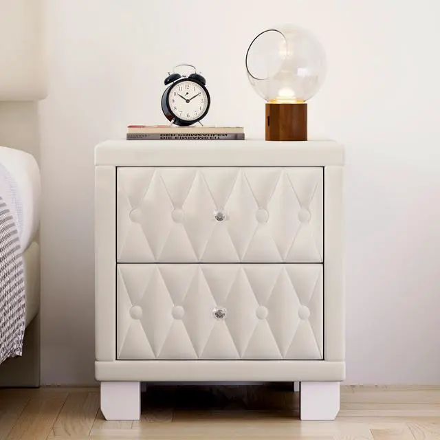 Alt view image 4 of 7 - Elegant Velvet Nightstand With 2 Drawers And Crystal Handle, Storage Bedside Table With Button-Tufted, Beige