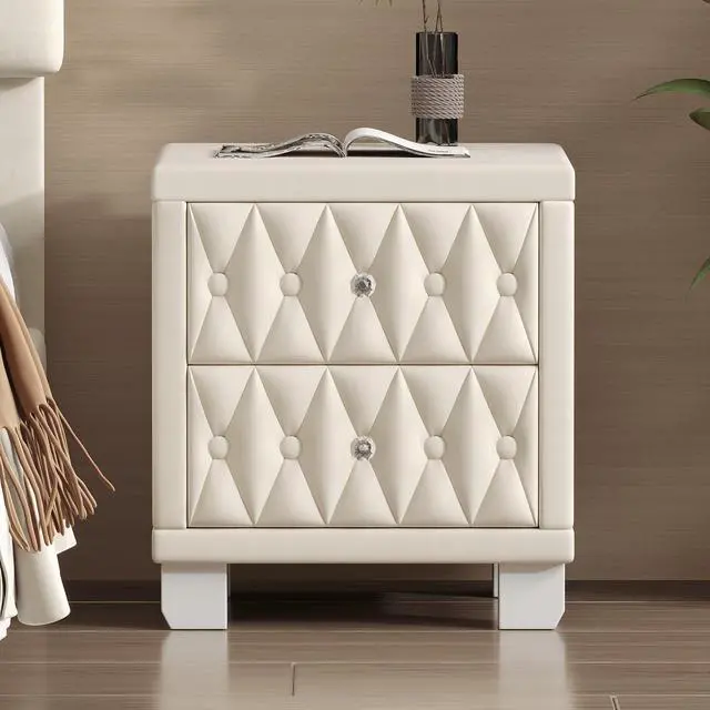 Alt view image 2 of 7 - Elegant Velvet Nightstand With 2 Drawers And Crystal Handle, Storage Bedside Table With Button-Tufted, Beige
