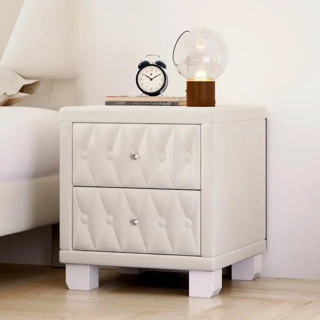 Alt view image 3 of 7 - Elegant Velvet Nightstand With 2 Drawers And Crystal Handle, Storage Bedside Table With Button-Tufted, Beige