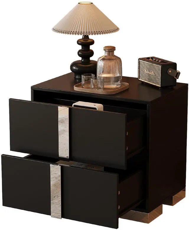 Alt view image 4 of 7 - Elegant Nightstand With Metal Foot, Mirrored Bedside Table With 2 Drawers For Bedroom, Living Room, Black