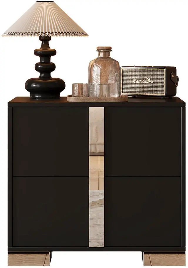 Alt view image 3 of 7 - Elegant Nightstand With Metal Foot, Mirrored Bedside Table With 2 Drawers For Bedroom, Living Room, Black
