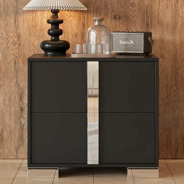 Main image of Elegant Nightstand With Metal Foot, Mirrored Bedside Table With 2 Drawers For Bedroom, Living Room, Black