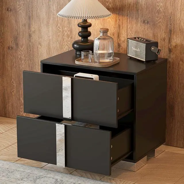 Alt view image 2 of 7 - Elegant Nightstand With Metal Foot, Mirrored Bedside Table With 2 Drawers For Bedroom, Living Room, Black