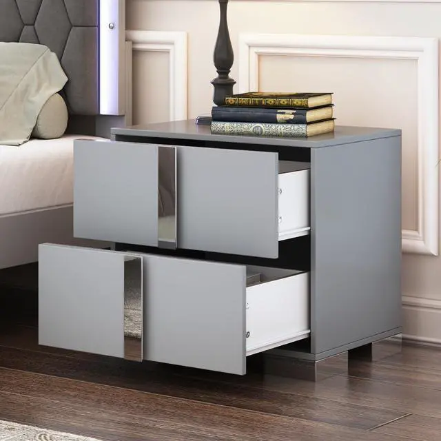 Alt view image 2 of 7 - Elegant Nightstand With Metal Foot, Mirrored Bedside Table With 2 Drawers For Bedroom, Living Room, Gray (Old Sku: Wf319353Aae)