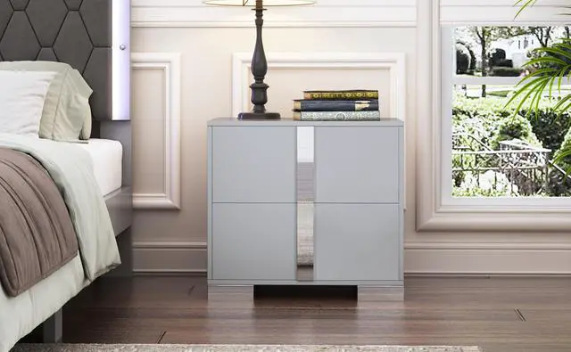 Alt view image 7 of 7 - Elegant Nightstand With Metal Foot, Mirrored Bedside Table With 2 Drawers For Bedroom, Living Room, Gray (Old Sku: Wf319353Aae)