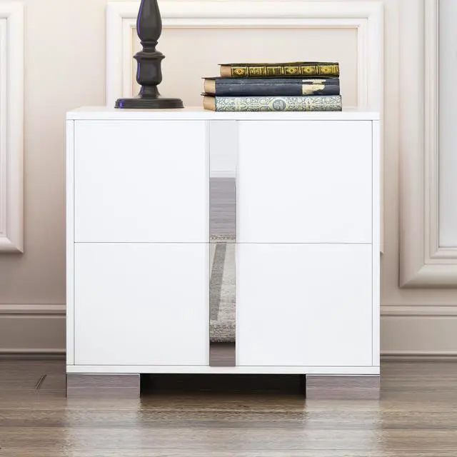 Main image of Elegant Nightstand With Metal Foot, Mirrored Bedside Table With 2 Drawers For Bedroom, Living Room, White (Old Sku: Wf319353Aak)