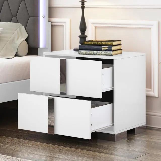 Alt view image 2 of 7 - Elegant Nightstand With Metal Foot, Mirrored Bedside Table With 2 Drawers For Bedroom, Living Room, White (Old Sku: Wf319353Aak)
