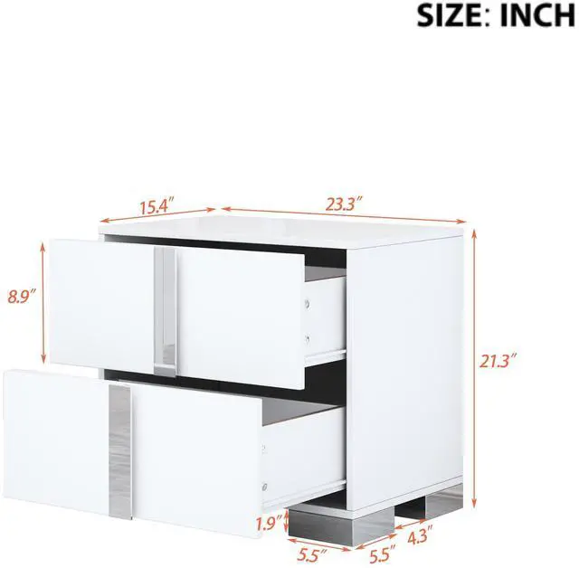 Alt view image 6 of 7 - Elegant Nightstand With Metal Foot, Mirrored Bedside Table With 2 Drawers For Bedroom, Living Room, White (Old Sku: Wf319353Aak)