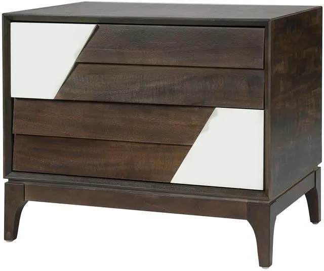 Main image of Modern 2-Drawer Nightstand With Two-Tone Geometric Design, Japandi Style Bedside Table With Angled Patchwork Detail, Brown & Cream White End Table For Bedroom, Living Room, Solid Tapered Legs