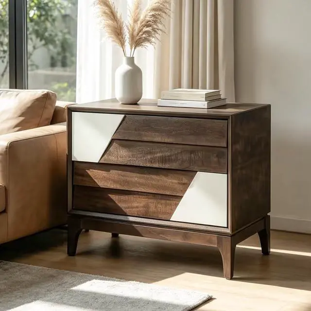 Alt view image 2 of 7 - Modern 2-Drawer Nightstand With Two-Tone Geometric Design, Japandi Style Bedside Table With Angled Patchwork Detail, Brown & Cream White End Table For Bedroom, Living Room, Solid Tapered Legs