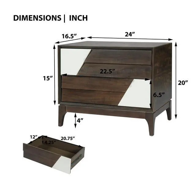 Alt view image 3 of 7 - Modern 2-Drawer Nightstand With Two-Tone Geometric Design, Japandi Style Bedside Table With Angled Patchwork Detail, Brown & Cream White End Table For Bedroom, Living Room, Solid Tapered Legs