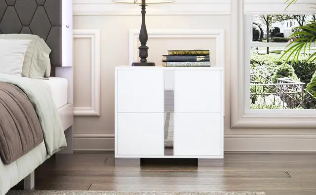 Alt view image 7 of 7 - Elegant Nightstand With Metal Foot, Mirrored Bedside Table With 2 Drawers For Bedroom, Living Room, White (Old Sku: Wf319353Aak)