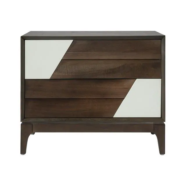 Alt view image 5 of 7 - Modern 2-Drawer Nightstand With Two-Tone Geometric Design, Japandi Style Bedside Table With Angled Patchwork Detail, Brown & Cream White End Table For Bedroom, Living Room, Solid Tapered Legs