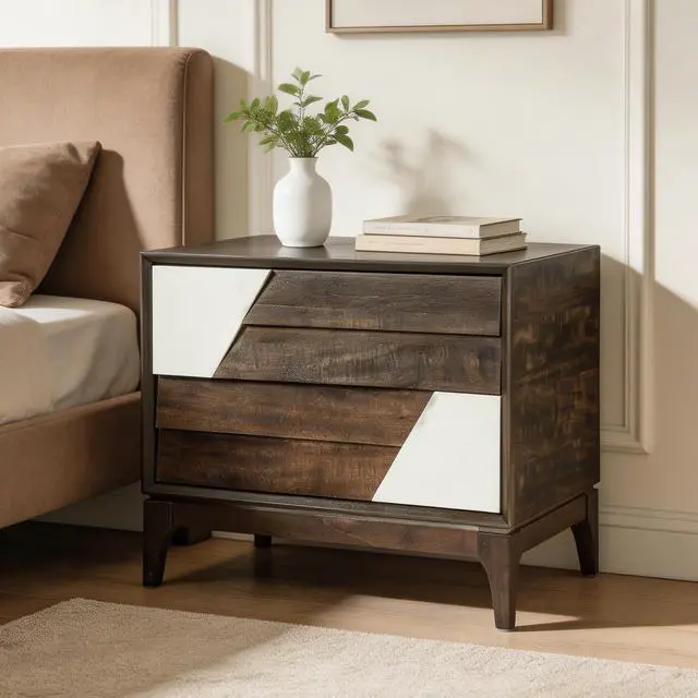 Alt view image 4 of 7 - Modern 2-Drawer Nightstand With Two-Tone Geometric Design, Japandi Style Bedside Table With Angled Patchwork Detail, Brown & Cream White End Table For Bedroom, Living Room, Solid Tapered Legs