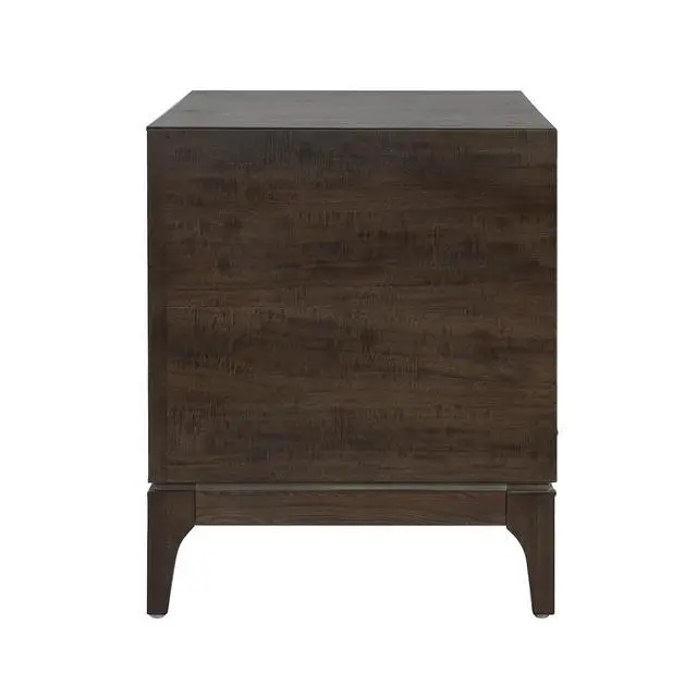 Alt view image 7 of 7 - Modern 2-Drawer Nightstand With Two-Tone Geometric Design, Japandi Style Bedside Table With Angled Patchwork Detail, Brown & Cream White End Table For Bedroom, Living Room, Solid Tapered Legs