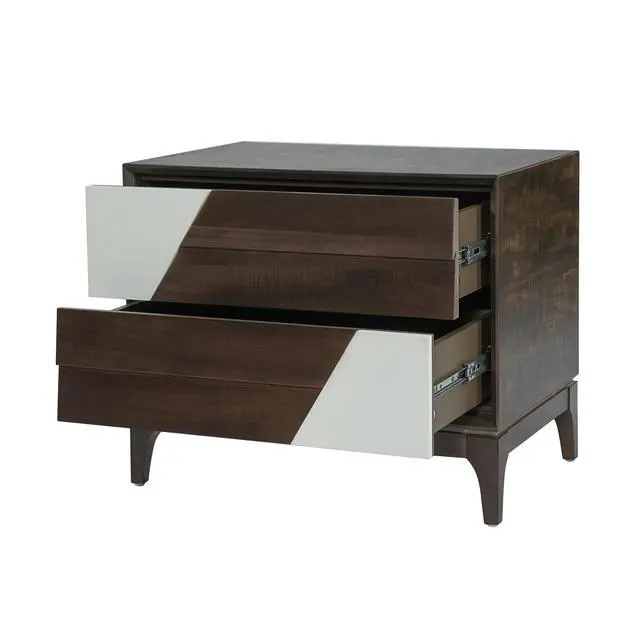 Alt view image 6 of 7 - Modern 2-Drawer Nightstand With Two-Tone Geometric Design, Japandi Style Bedside Table With Angled Patchwork Detail, Brown & Cream White End Table For Bedroom, Living Room, Solid Tapered Legs