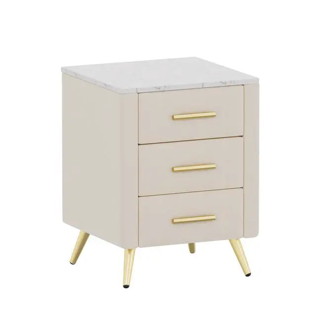 Alt view image 6 of 7 - Upholstered Wooden Nightstand With 3 Drawers And Metal Legs&Handles, Bedside Table With Marbling Stickers Worktop - Beige