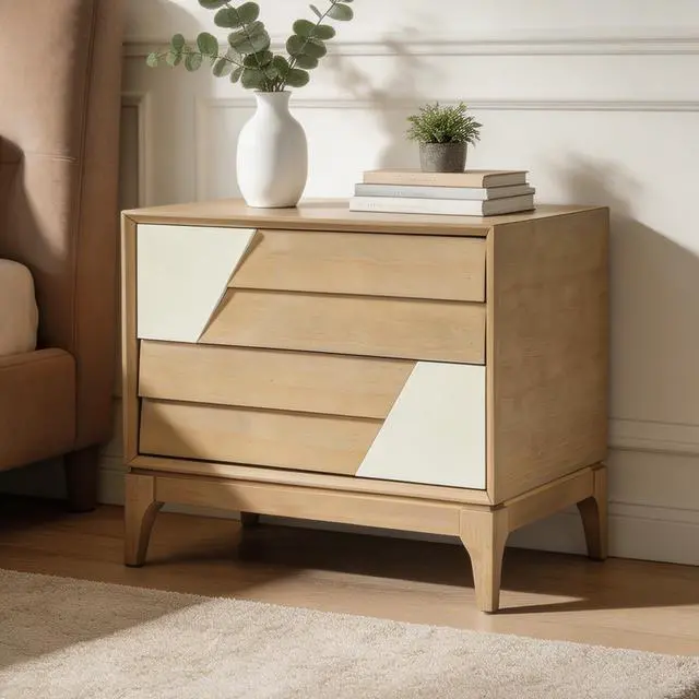 Alt view image 4 of 7 - Modern 2-Drawer Nightstand With Two-Tone Geometric Design, Japandi Style Bedside Table With Angled Patchwork Detail, Natural & Cream White End Table For Bedroom, Living Room, Solid Tapered Legs