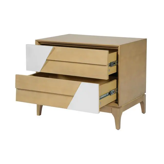 Alt view image 6 of 7 - Modern 2-Drawer Nightstand With Two-Tone Geometric Design, Japandi Style Bedside Table With Angled Patchwork Detail, Natural & Cream White End Table For Bedroom, Living Room, Solid Tapered Legs