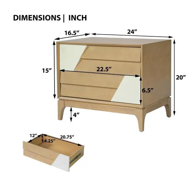Alt view image 3 of 7 - Modern 2-Drawer Nightstand With Two-Tone Geometric Design, Japandi Style Bedside Table With Angled Patchwork Detail, Natural & Cream White End Table For Bedroom, Living Room, Solid Tapered Legs