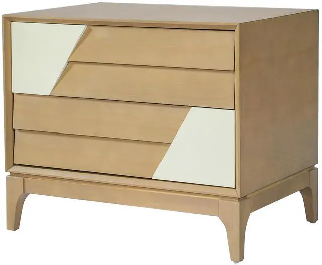 Main image of Modern 2-Drawer Nightstand With Two-Tone Geometric Design, Japandi Style Bedside Table With Angled Patchwork Detail, Natural & Cream White End Table For Bedroom, Living Room, Solid Tapered Legs