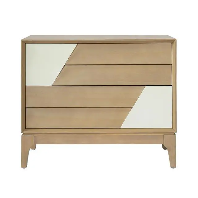 Alt view image 5 of 7 - Modern 2-Drawer Nightstand With Two-Tone Geometric Design, Japandi Style Bedside Table With Angled Patchwork Detail, Natural & Cream White End Table For Bedroom, Living Room, Solid Tapered Legs