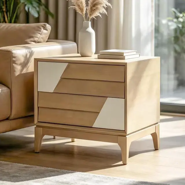 Alt view image 2 of 7 - Modern 2-Drawer Nightstand With Two-Tone Geometric Design, Japandi Style Bedside Table With Angled Patchwork Detail, Natural & Cream White End Table For Bedroom, Living Room, Solid Tapered Legs