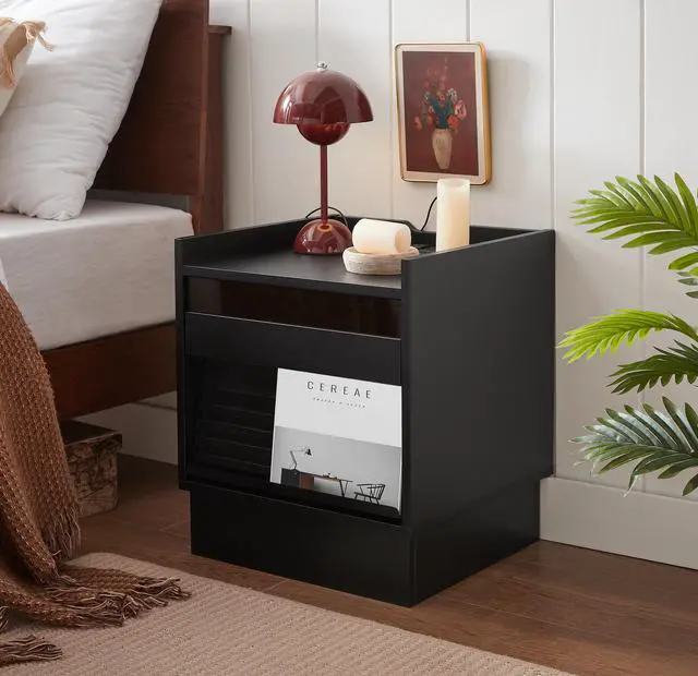 Main image of Mid Century Modern Nightstand With Charging Station And Led Lights, Night Stand With 2 Drawers, Bedside Tables/End Table For Bedroom Or Living Room, Black