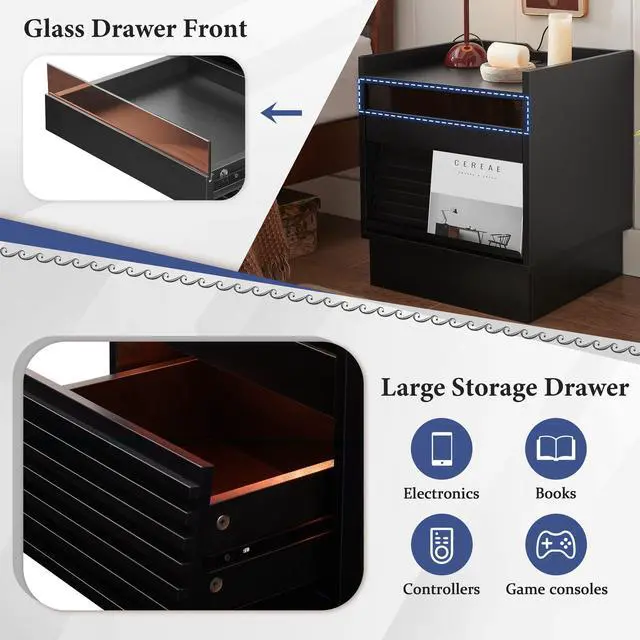 Alt view image 3 of 7 - Mid Century Modern Nightstand With Charging Station And Led Lights, Night Stand With 2 Drawers, Bedside Tables/End Table For Bedroom Or Living Room, Black