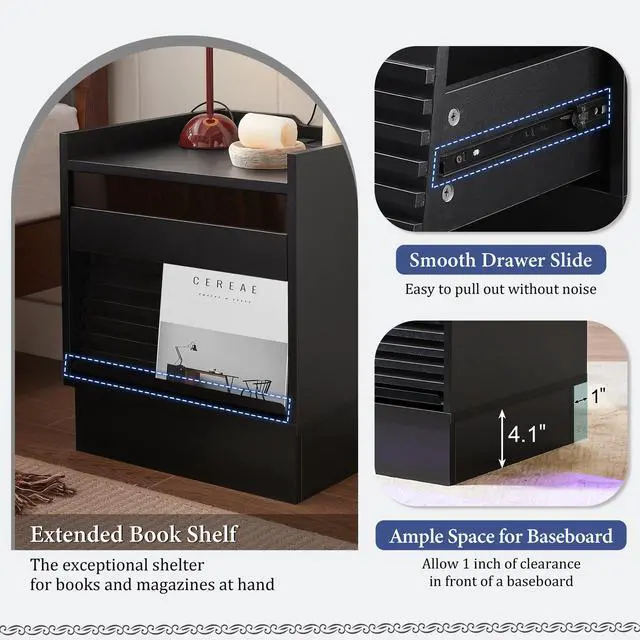 Alt view image 5 of 7 - Mid Century Modern Nightstand With Charging Station And Led Lights, Night Stand With 2 Drawers, Bedside Tables/End Table For Bedroom Or Living Room, Black