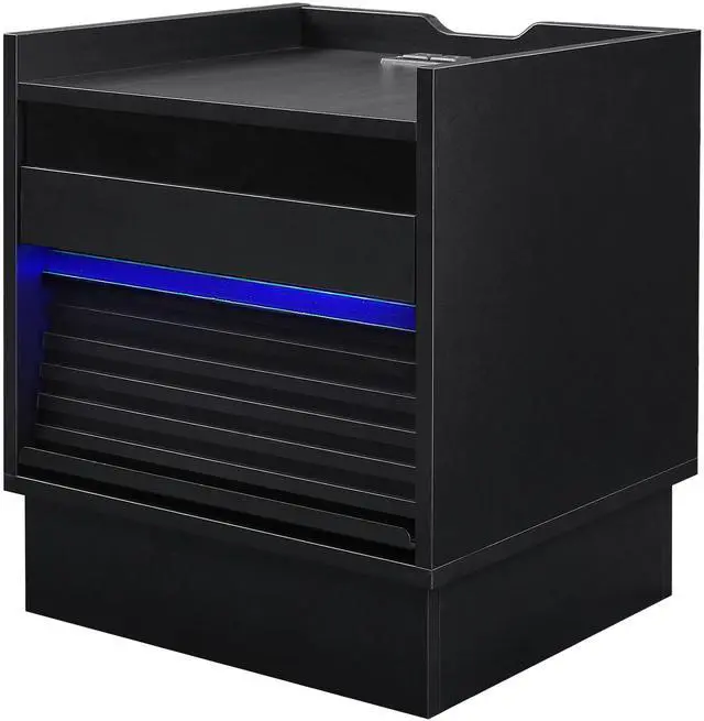 Alt view image 7 of 7 - Mid Century Modern Nightstand With Charging Station And Led Lights, Night Stand With 2 Drawers, Bedside Tables/End Table For Bedroom Or Living Room, Black