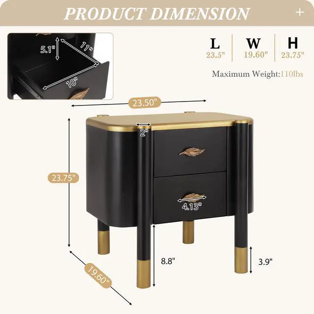 Alt view image 2 of 7 - Contemporary 2 Drawers Nightstand With Curved Profile Design, Bedside Table With Metal Feather-Shaped Handles And Exposed Legs, End Table For Living Room And Bedroom, Easy Assembly, Black