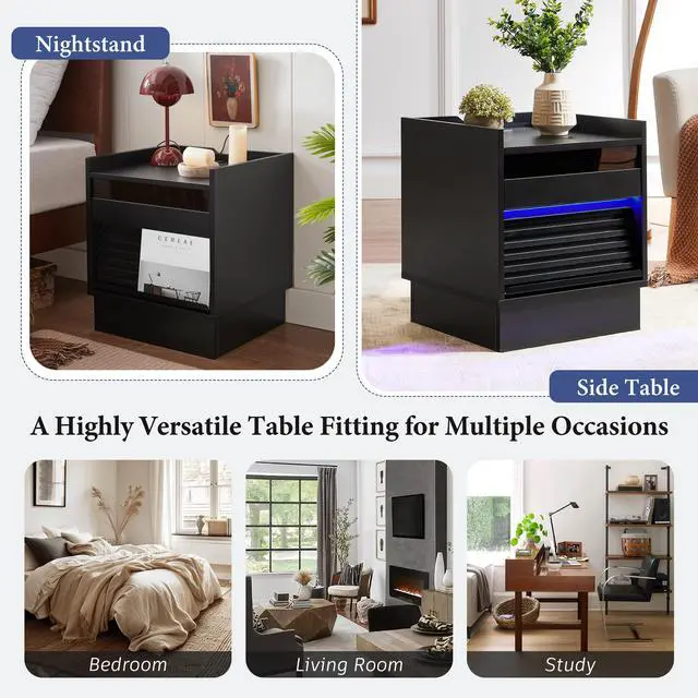 Alt view image 6 of 7 - Mid Century Modern Nightstand With Charging Station And Led Lights, Night Stand With 2 Drawers, Bedside Tables/End Table For Bedroom Or Living Room, Black