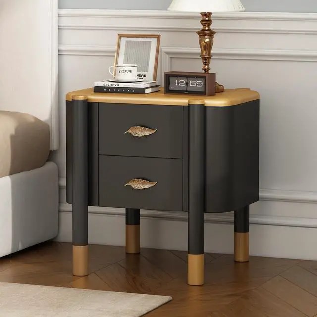 Main image of Contemporary 2 Drawers Nightstand With Curved Profile Design, Bedside Table With Metal Feather-Shaped Handles And Exposed Legs, End Table For Living Room And Bedroom, Easy Assembly, Black