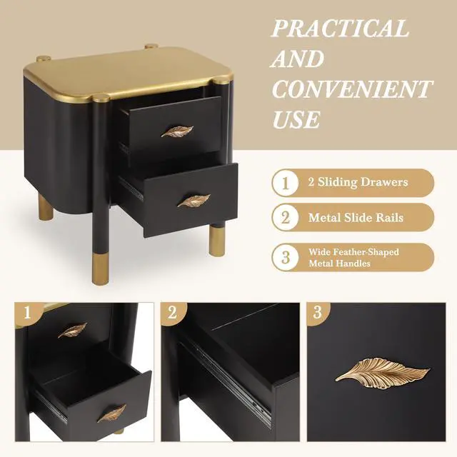 Alt view image 3 of 7 - Contemporary 2 Drawers Nightstand With Curved Profile Design, Bedside Table With Metal Feather-Shaped Handles And Exposed Legs, End Table For Living Room And Bedroom, Easy Assembly, Black