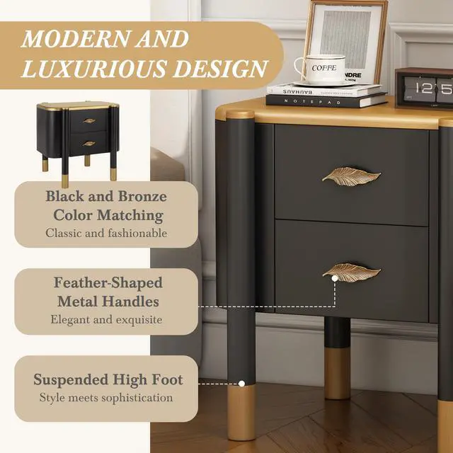 Alt view image 4 of 7 - Contemporary 2 Drawers Nightstand With Curved Profile Design, Bedside Table With Metal Feather-Shaped Handles And Exposed Legs, End Table For Living Room And Bedroom, Easy Assembly, Black