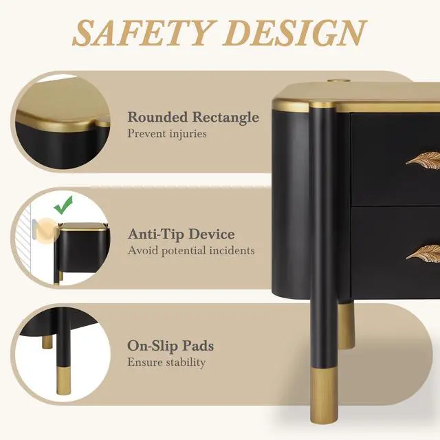 Alt view image 5 of 7 - Contemporary 2 Drawers Nightstand With Curved Profile Design, Bedside Table With Metal Feather-Shaped Handles And Exposed Legs, End Table For Living Room And Bedroom, Easy Assembly, Black