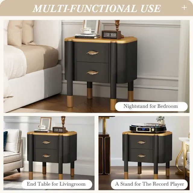 Alt view image 6 of 7 - Contemporary 2 Drawers Nightstand With Curved Profile Design, Bedside Table With Metal Feather-Shaped Handles And Exposed Legs, End Table For Living Room And Bedroom, Easy Assembly, Black