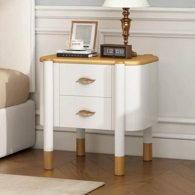 Main image of Contemporary 2 Drawers Nightstand With Curved Profile Design, Bedside Table With Metal Feather-Shaped Handles And Exposed Legs, End Table For Living Room And Bedroom, Easy Assembly, White