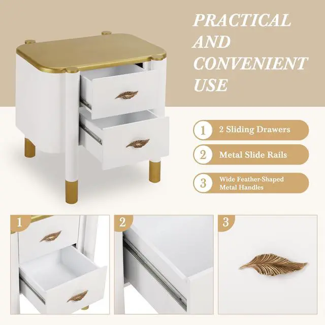 Alt view image 3 of 7 - Contemporary 2 Drawers Nightstand With Curved Profile Design, Bedside Table With Metal Feather-Shaped Handles And Exposed Legs, End Table For Living Room And Bedroom, Easy Assembly, White