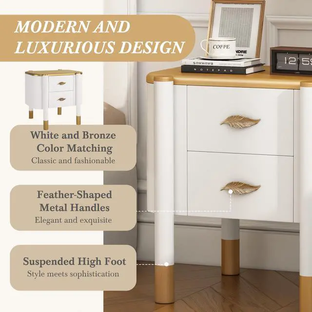 Alt view image 4 of 7 - Contemporary 2 Drawers Nightstand With Curved Profile Design, Bedside Table With Metal Feather-Shaped Handles And Exposed Legs, End Table For Living Room And Bedroom, Easy Assembly, White