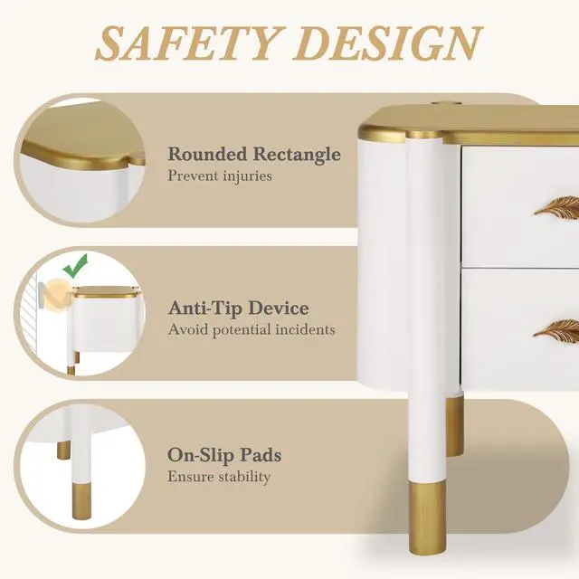 Alt view image 5 of 7 - Contemporary 2 Drawers Nightstand With Curved Profile Design, Bedside Table With Metal Feather-Shaped Handles And Exposed Legs, End Table For Living Room And Bedroom, Easy Assembly, White