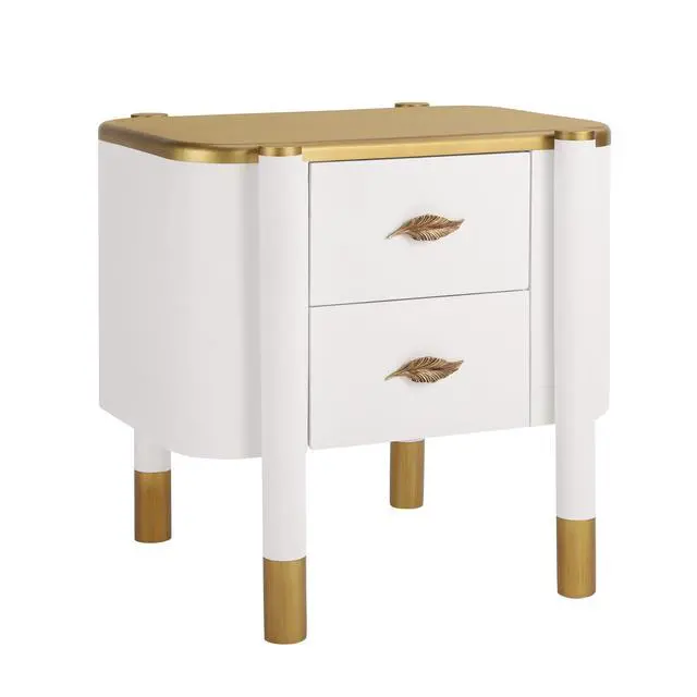 Alt view image 7 of 7 - Contemporary 2 Drawers Nightstand With Curved Profile Design, Bedside Table With Metal Feather-Shaped Handles And Exposed Legs, End Table For Living Room And Bedroom, Easy Assembly, White