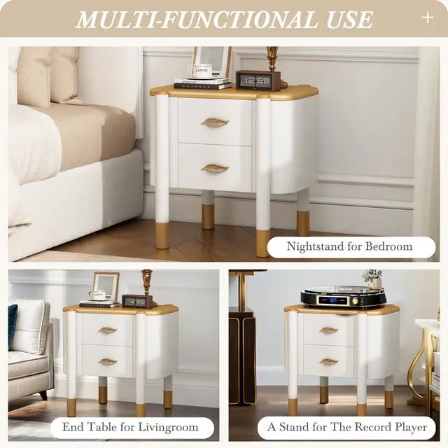 Alt view image 6 of 7 - Contemporary 2 Drawers Nightstand With Curved Profile Design, Bedside Table With Metal Feather-Shaped Handles And Exposed Legs, End Table For Living Room And Bedroom, Easy Assembly, White